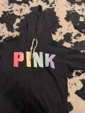 PINK Victoria's Secret Black Hoodie with Pastel Rainbow Logo